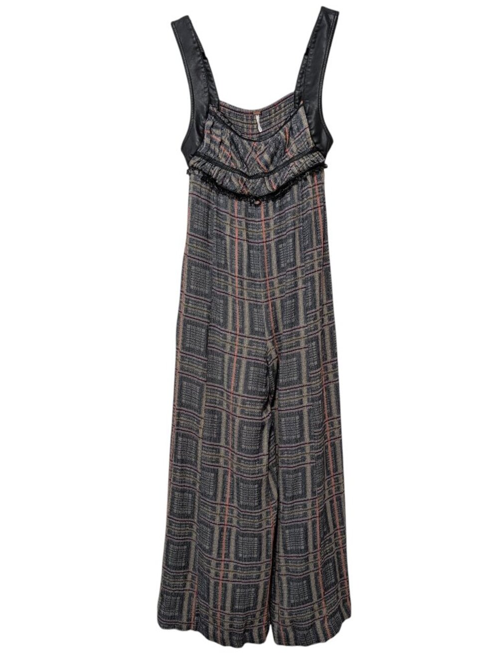 Free People Womens Size XS Marley Plaid Faux Leather Straps Wide Leg Jumpsuit